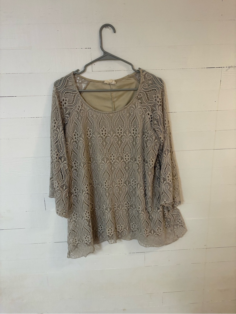 Brittany Black 1X Taupe Lace Bell Sleeve Blouse Plus Size Boho